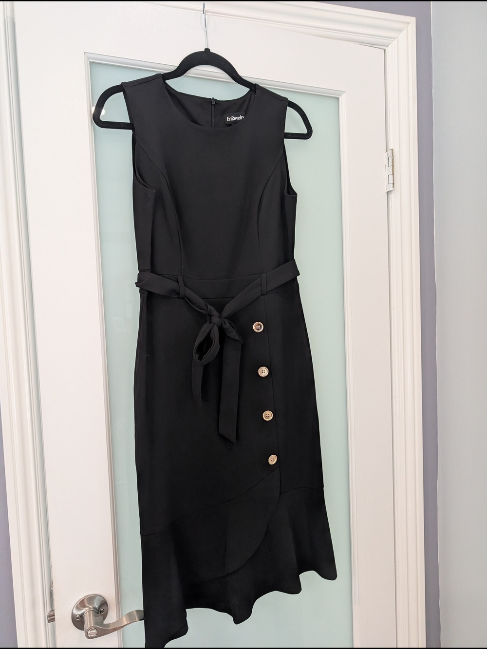 Elie Tahari Black Sleeveless Midi Dress with Side Button Detail